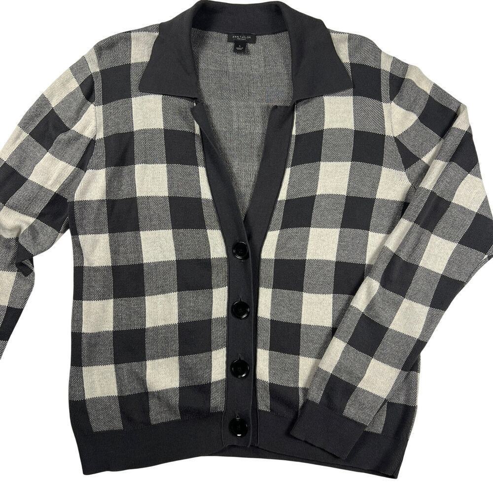 Ann Taylor Factory Gray/Cream Check Button Up Cardigan Sweater Academia Size L